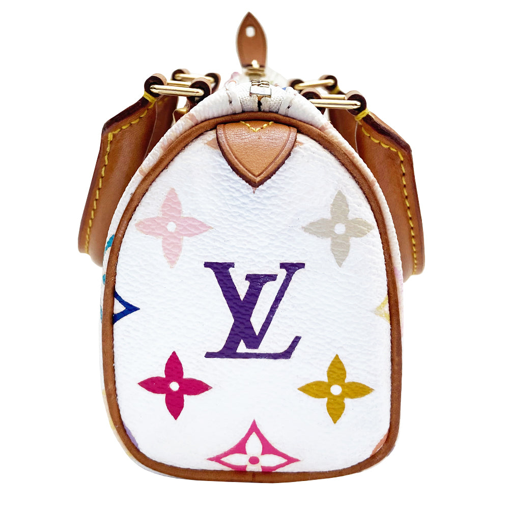 Louis Vuitton white multicolor nano speedy bag from Takashi Murakami x Louis Vuitton collaboration, 2003. 33 colors on white coated canvas, top zip closure, burgundy alcantara interior, vachetta leather handles, piping and accent, gold-tone hardware. Interior date code numbers partially worn off. Duster included. Made in France