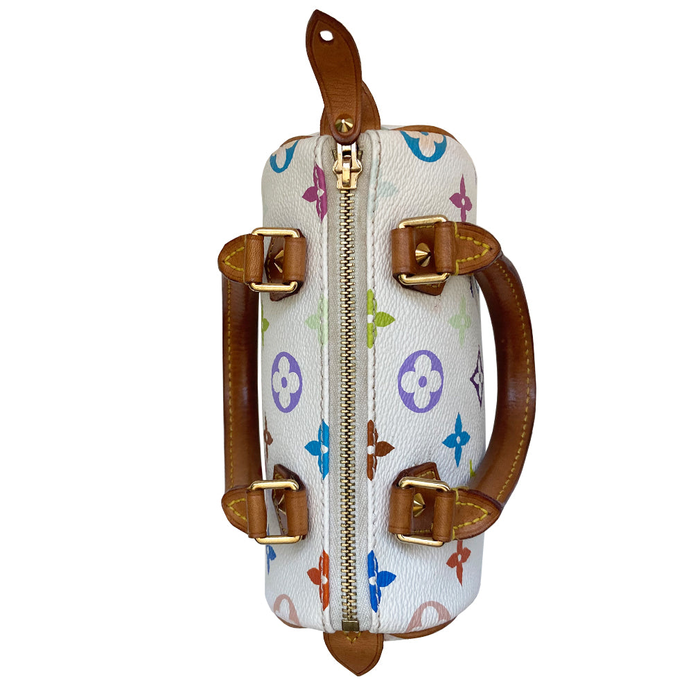 Louis Vuitton white multicolor nano speedy bag from Takashi Murakami x Louis Vuitton collaboration, 2003. 33 colors on white coated canvas, top zip closure, burgundy alcantara interior, vachetta leather handles, piping and accent, gold-tone hardware. Interior date code numbers partially worn off. Duster included. Made in France