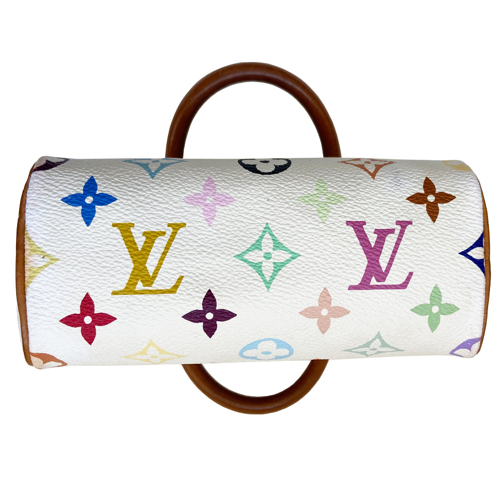Louis Vuitton white multicolor nano speedy bag from Takashi Murakami x Louis Vuitton collaboration, 2003. 33 colors on white coated canvas, top zip closure, burgundy alcantara interior, vachetta leather handles, piping and accent, gold-tone hardware. Interior date code numbers partially worn off. Duster included. Made in France