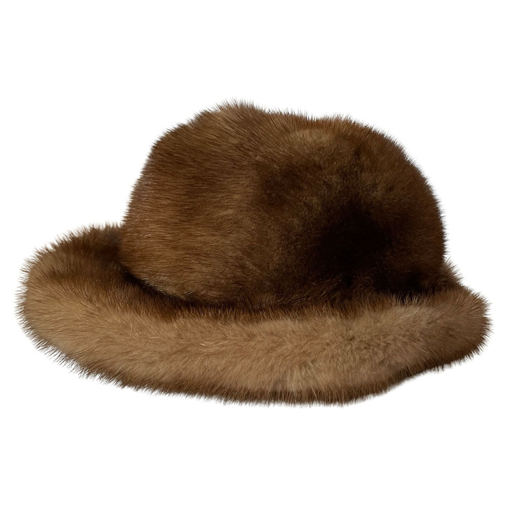 Vintage brown mink fur buck hat by Hudsons Bay Company with interior grosgrain ribbon band, satin and chiffon printed lining. Made in Canada