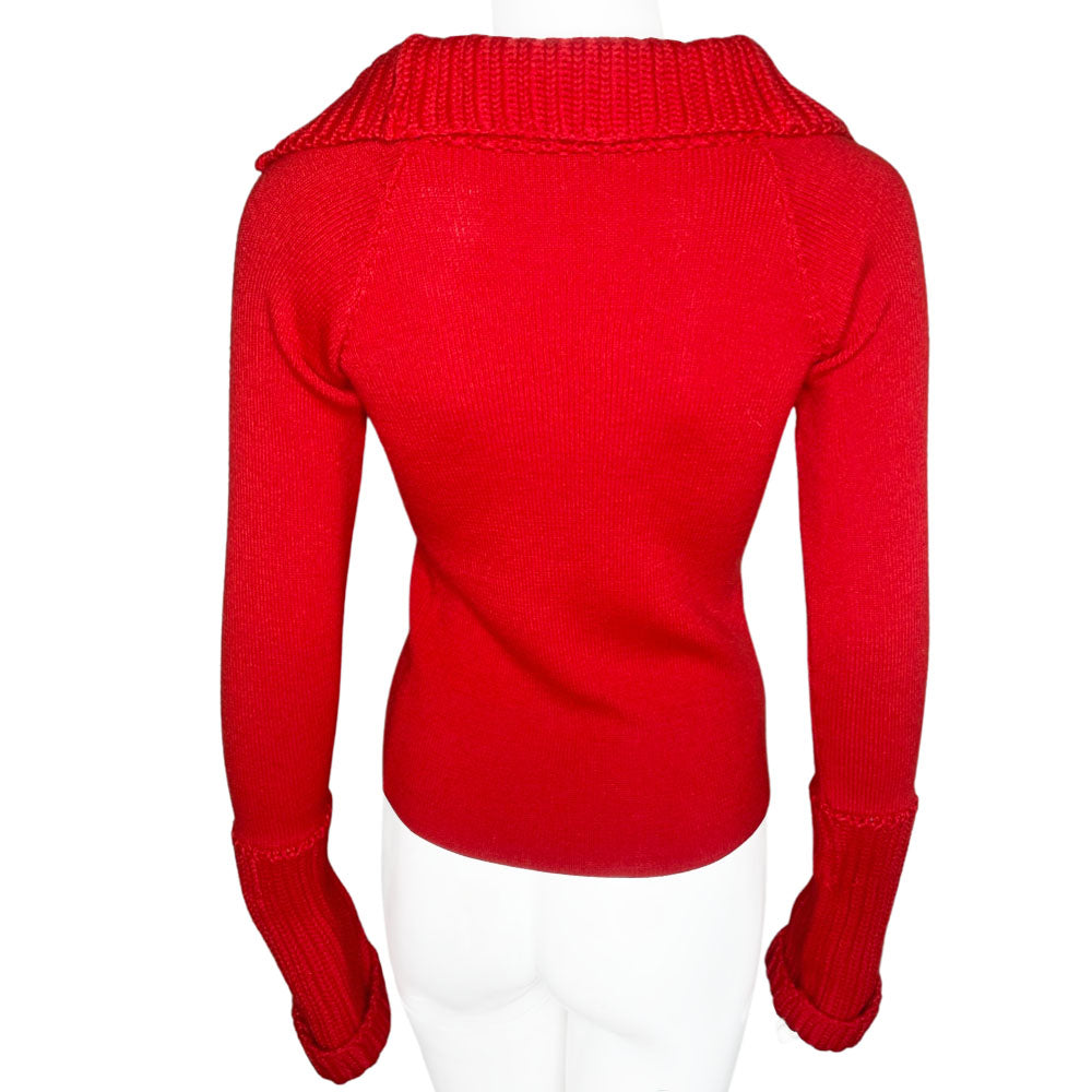 Miu Miu, early 2000s exaggerated long ribbed sleeves red sweater with ribbed 1/2 zip collar Made in Italy
