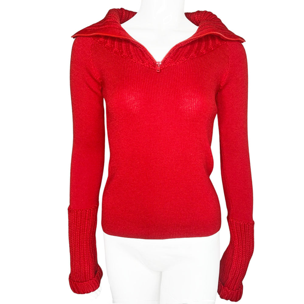 Miu Miu, early 2000s exaggerated long ribbed sleeves red sweater with ribbed 1/2 zip collar Made in Italy