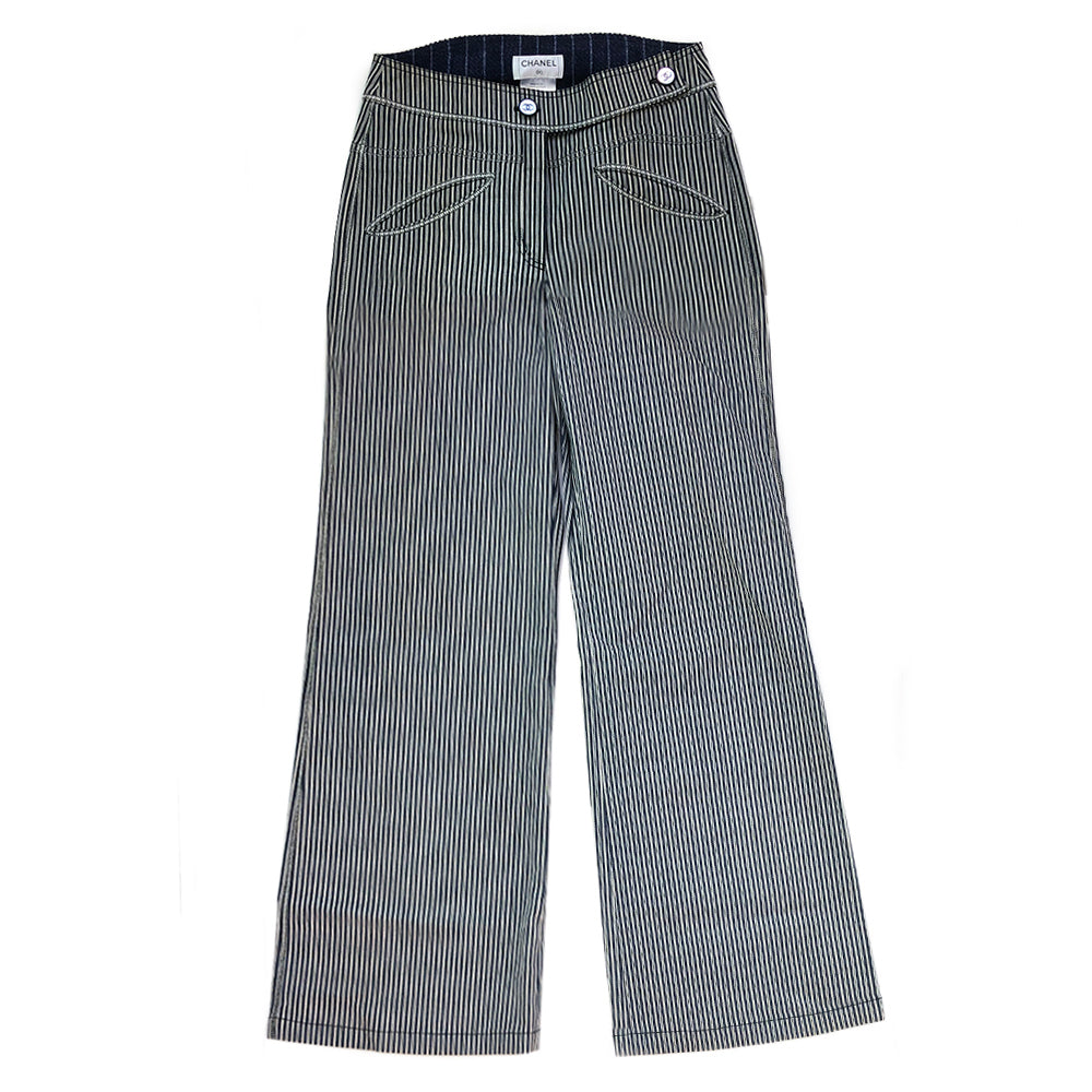 Chanel high waisted navy and silver pinstripe wide leg trousers, silver embroidered CC logo on back pocket
