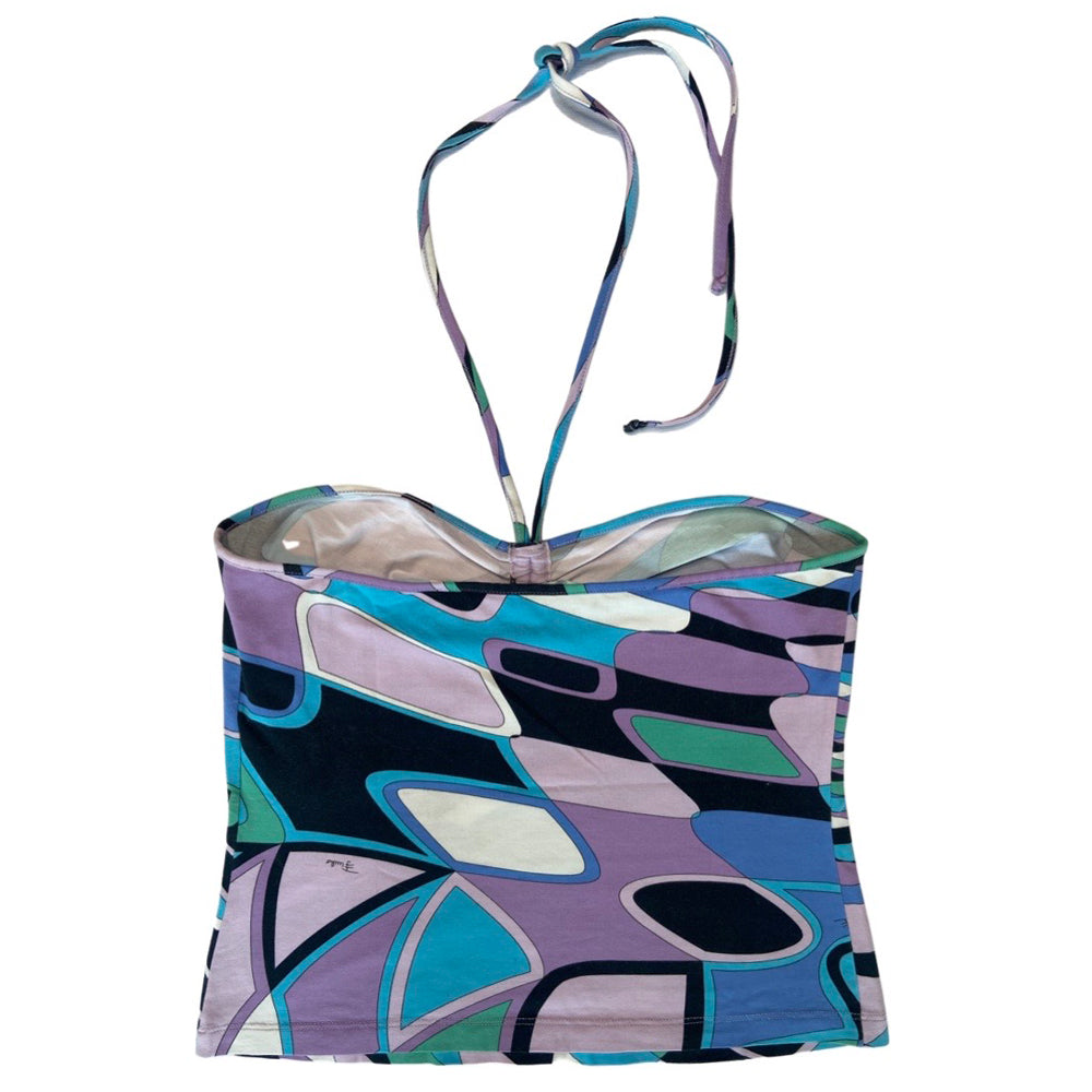 Emilio Pucci strapless halter in mauve, aqua, teal and black with cord that ties around the neck that also pulls adjustable ruching detail at center bust line. Made in Italy