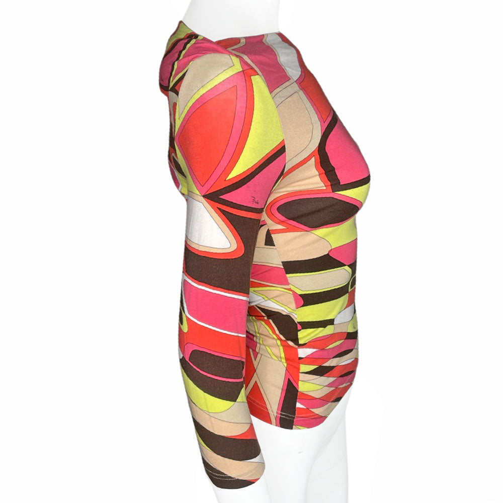 Early 2000's Pucci fuchsia, white, red, yellow, brown print 3/4 length sleeve boat neck top that can be worn on or off the shoulders. Made in Italy