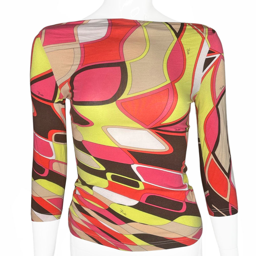Early 2000's Pucci fuchsia, white, red, yellow, brown print 3/4 length sleeve boat neck top that can be worn on or off the shoulders. Made in Italy