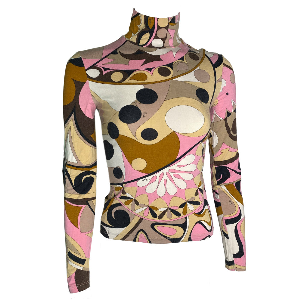Pucci Long Sleeve Tee Long sleeve pink, brown and beige print mock neck long sleeve knit top. Made in Italy