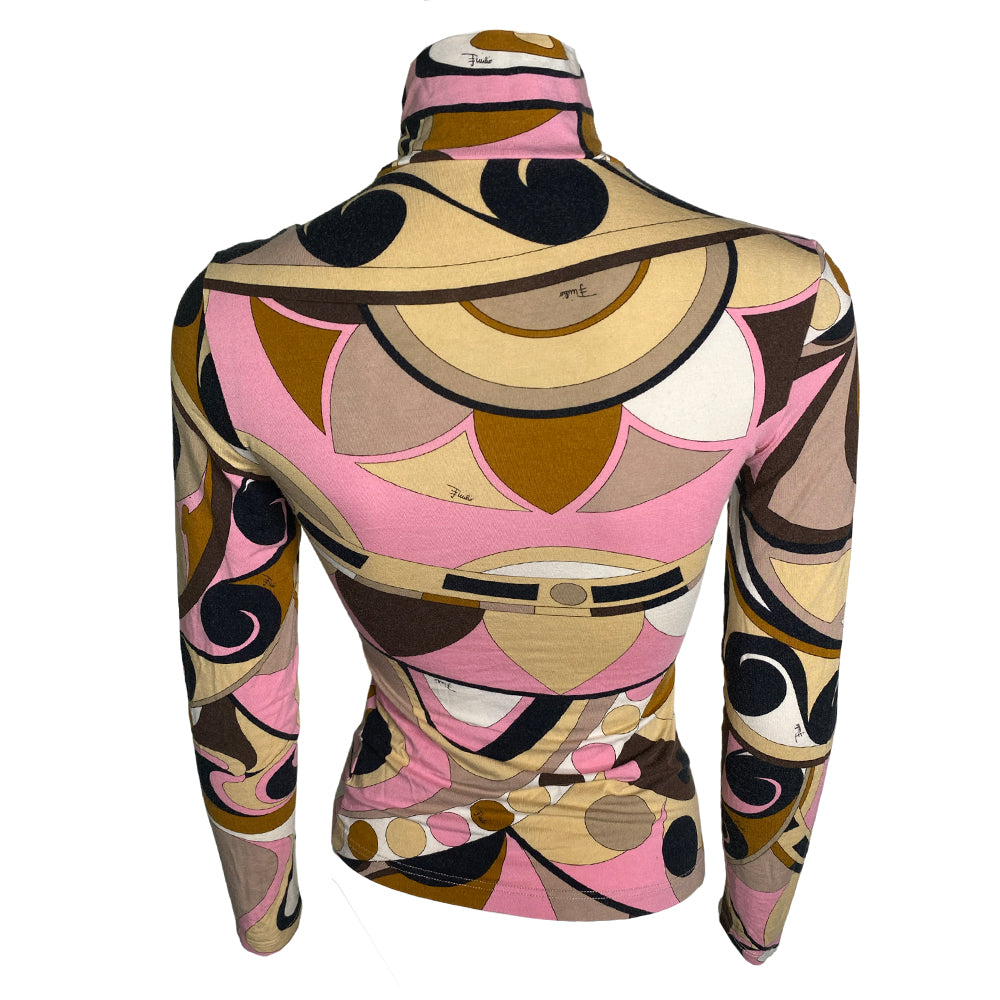 Pucci Long Sleeve Tee Long sleeve pink, brown and beige print mock neck long sleeve knit top. Made in Italy