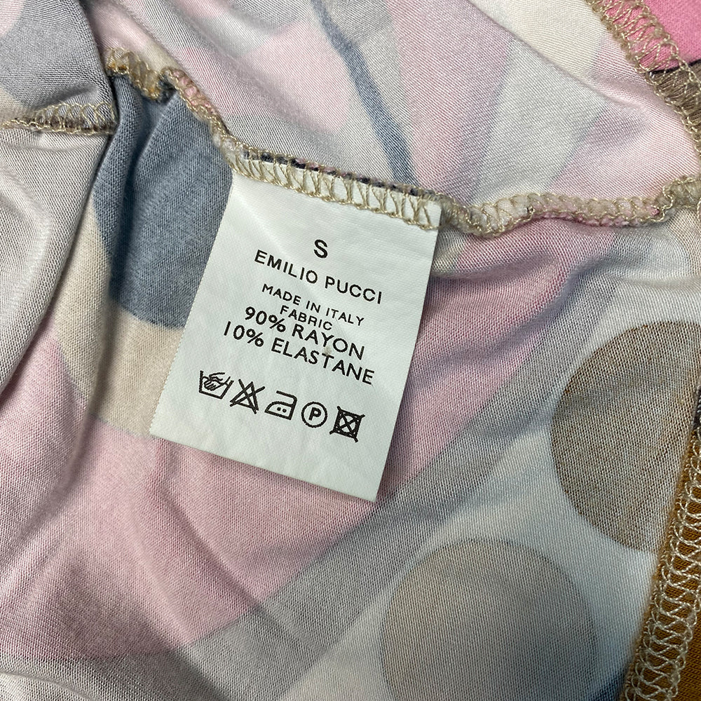 Pucci Long Sleeve Tee Long sleeve pink, brown and beige print mock neck long sleeve knit top. Made in Italy