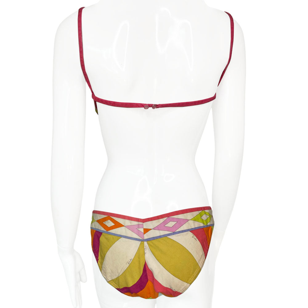 Pucci 1960s multicolor fully lined bikini made for Lord and Taylor with non adjustable skinny shoulder straps and 2 station button back closure. Low rise bottoms with printed diamond pattern wide band detail at the top, slight V in back, hand stitched interior gusset. Made in Italy