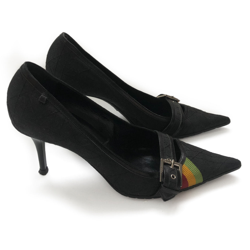 Dior "Rasta" Quilted Pumps from Fall 2004 Ready to Wear Collection. Canvas Dior cannage quilted with leather accents, black pointed toe, rubber sole, silver buckles with red, yellow and green accent ribbon. Size 40