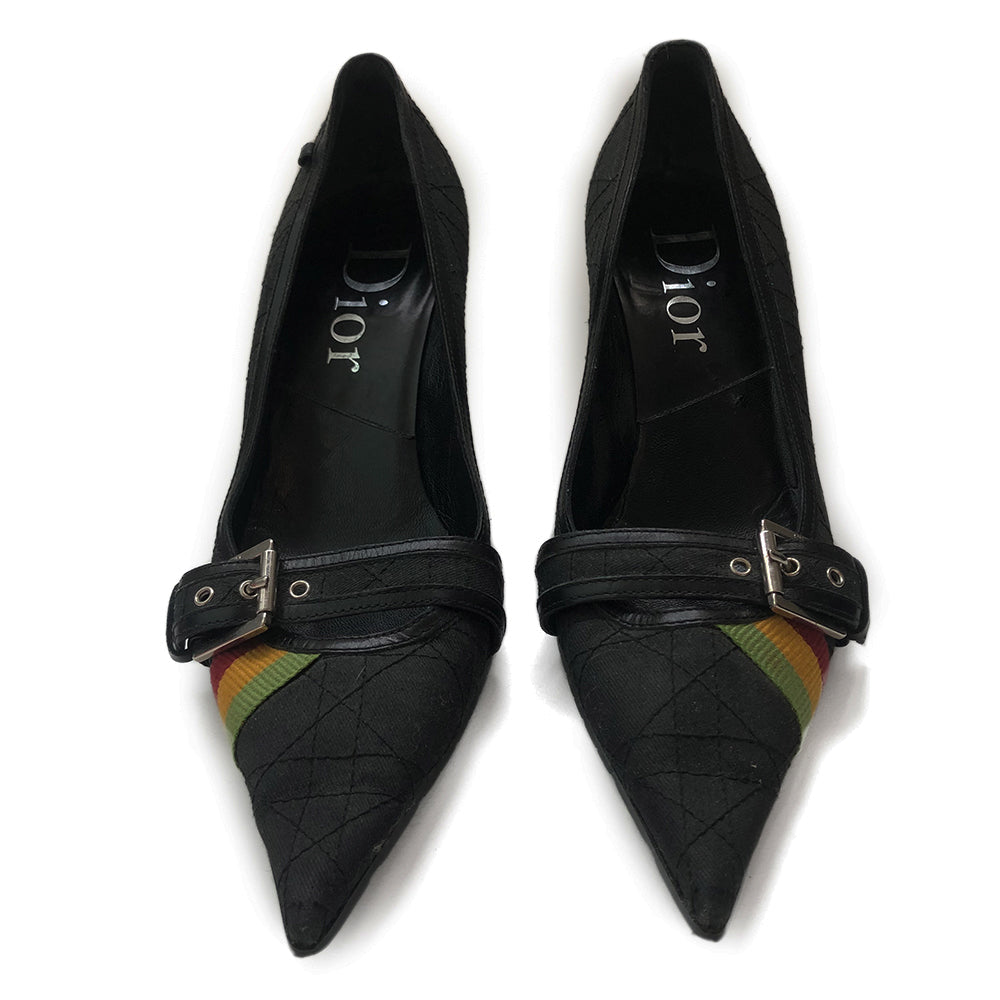 Dior "Rasta" Quilted Pumps from Fall 2004 Ready to Wear Collection. Canvas Dior cannage quilted with leather accents, black pointed toe, rubber sole, silver buckles with red, yellow and green accent ribbon. Size 40