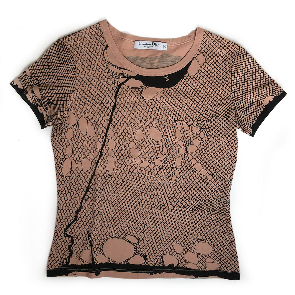 Christian Dior beige trompe L’oeil ripped fishnet logo tee with DIOR in fishnet. Never worn Made in Italy