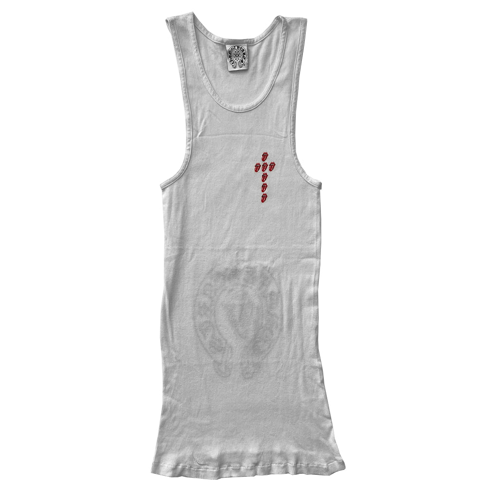 Chrome Hearts White Rolling Stones tank From 2002 collection. Rib knit tank with Rolling Stones red "Hot Lips" front cross design with Chrome Hearts logo banner surrounding single red hot lips design in back. Made in USA