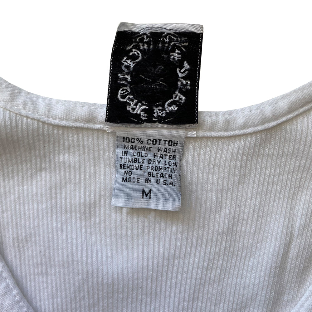 Chrome Hearts White Rolling Stones tank From 2002 collection. Rib knit tank with Rolling Stones red "Hot Lips" front cross design with Chrome Hearts logo banner surrounding single red hot lips design in back. Made in USA