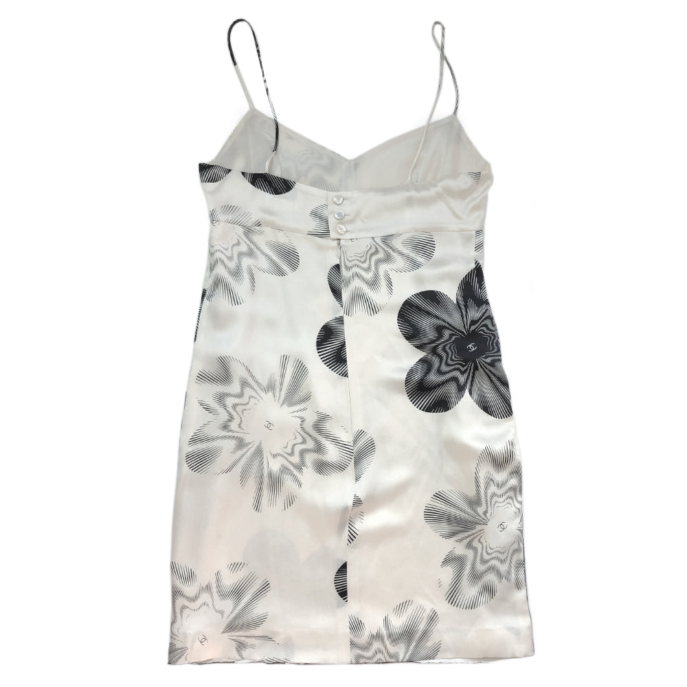 Chanel cream with printed black camellia flowers and interlocking CC design silk slip dress.