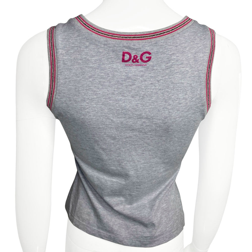 Grey V-neck tank with with knit copper & pink ribbing on collar and arm hole edges. "D&G Damned Hot Sizzling Summer" neon green, yellow, purple, blue front graphic, D&G glitter logo at upper back. Made in Italy