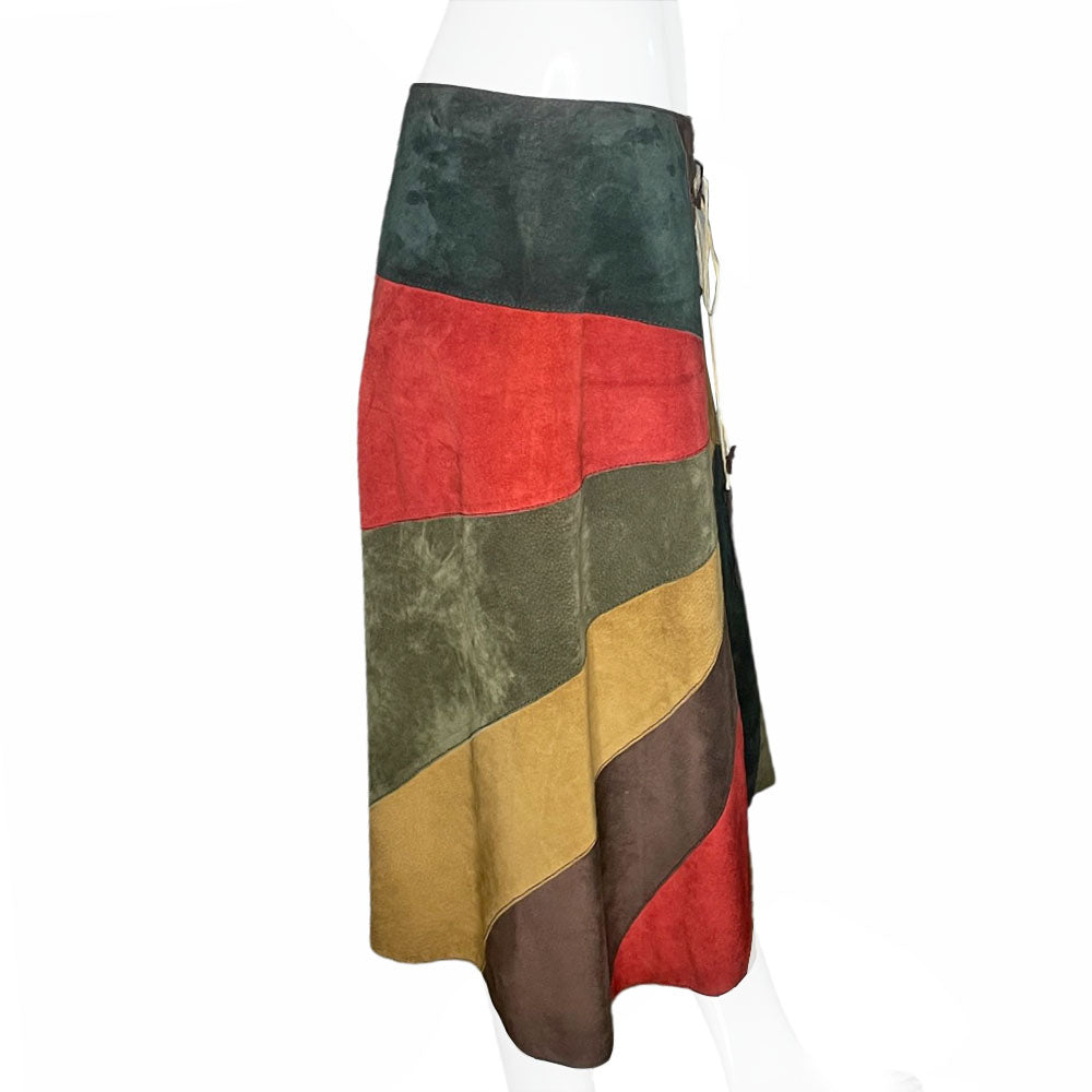 FW 2002 patchwork A-line red, turquoise, olive and tan suede skirt with slight rise in front hemline, lacing at front waist, silk jacquard logo lining, invisible back zipper. Made in Italy