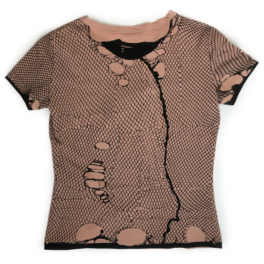 Christian Dior beige trompe L’oeil ripped fishnet logo tee with DIOR in fishnet. Never worn Made in Italy