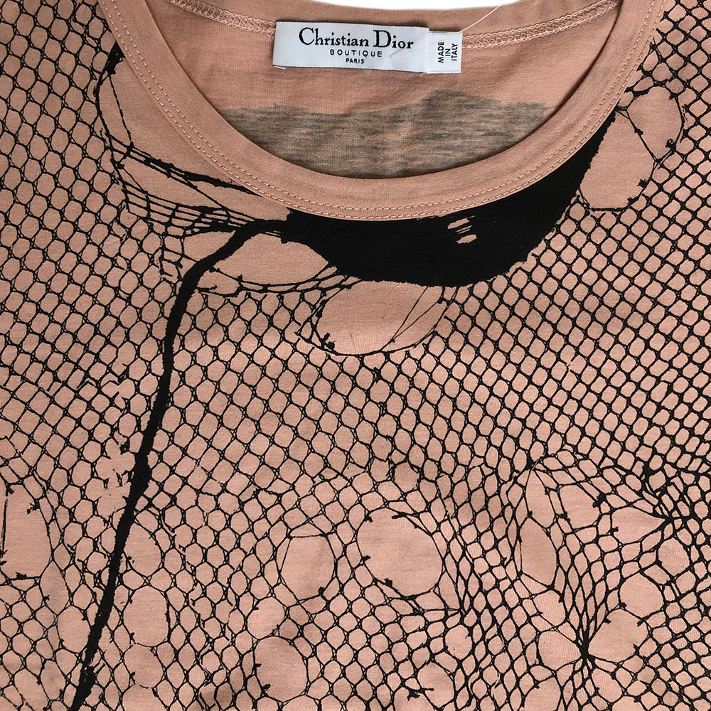 Christian Dior beige trompe L’oeil ripped fishnet logo tee with DIOR in fishnet. Never worn Made in Italy