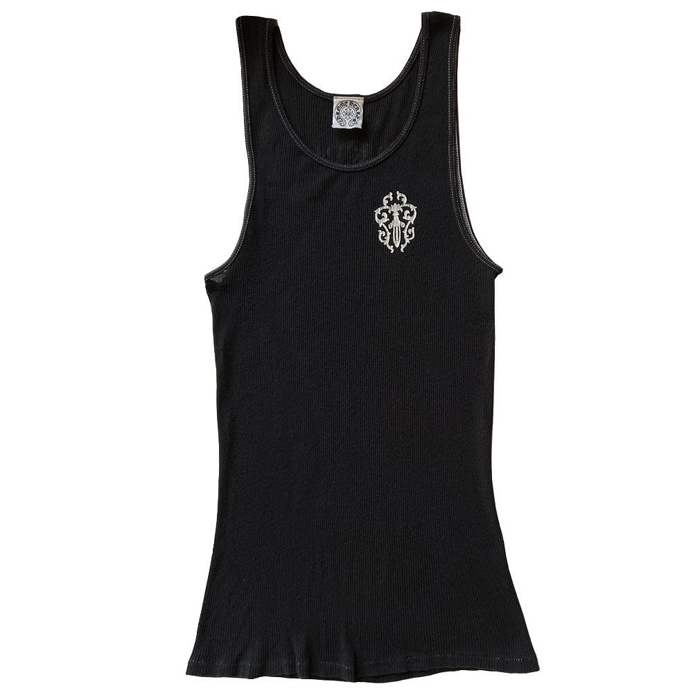 Chrome Hearts black with white print Tokyo tank with dagger design at chest and Fuck you with Chrome Hearts logo horseshoe banner, Tokyo in back. Made in USA
