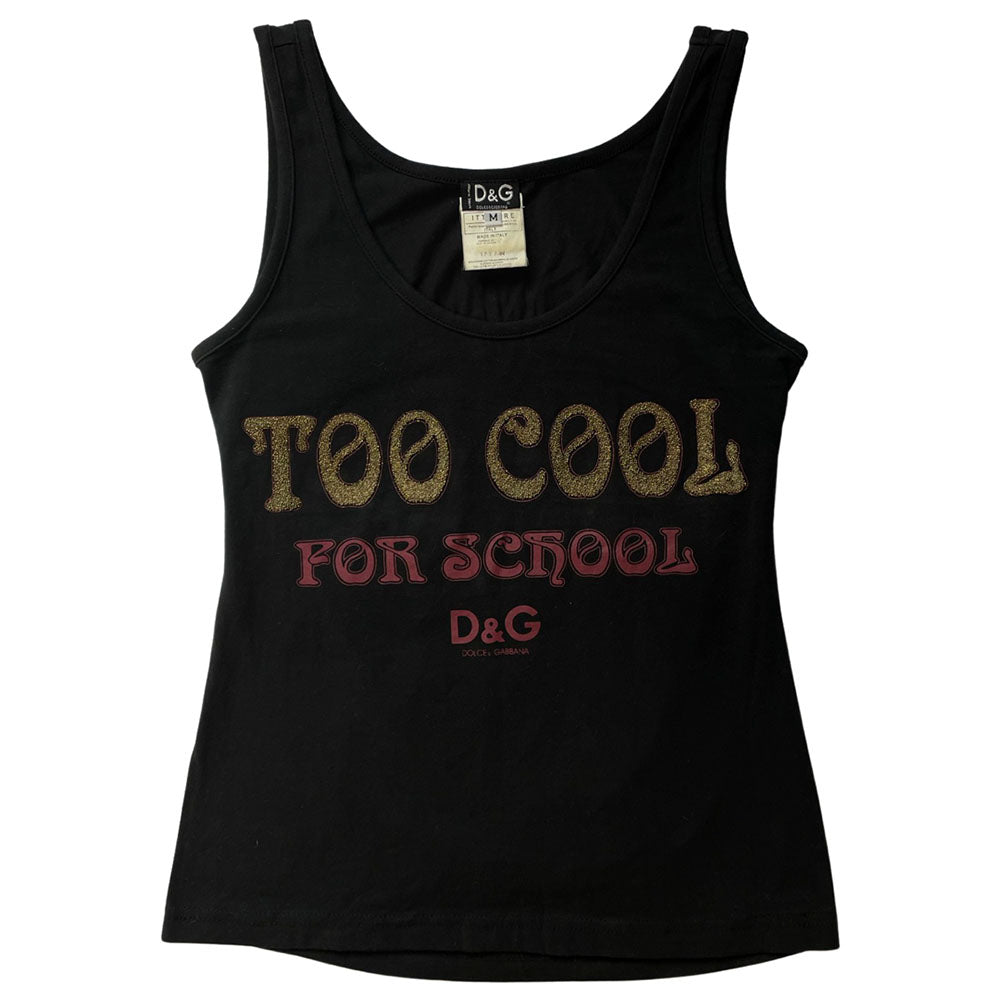 D & G Too Cool for School tank top with caviar beads and crystal embellished lettering with D & G logo at front. Cut out detail in back. Made in Italy