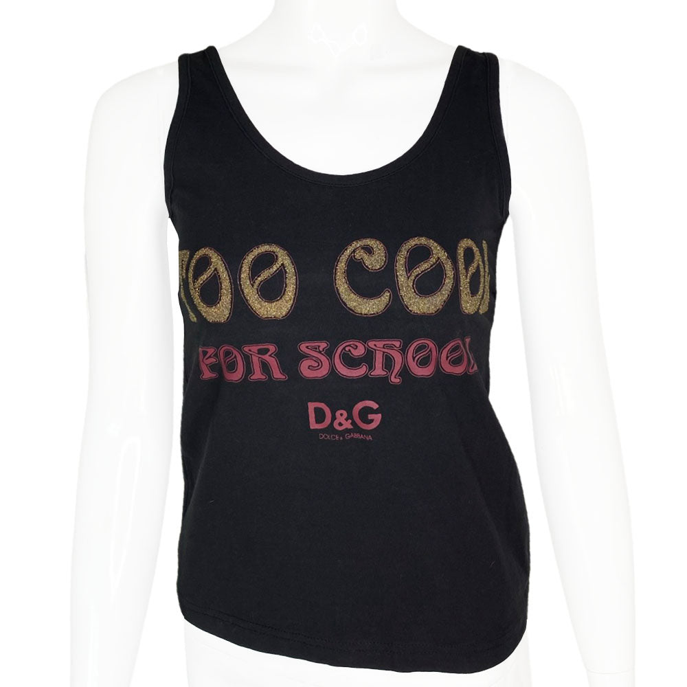 D & G Too Cool for School tank top with caviar beads and crystal embellished lettering with D & G logo at front. Cut out detail in back. Made in Italy