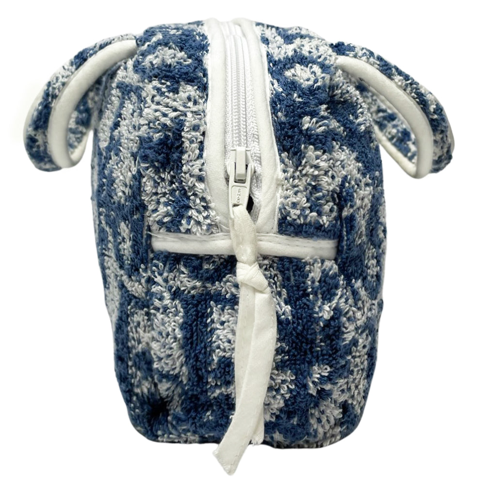 Christian Dior navy monogram terry towel mini boston bag circa 2005 with No. 2 white appliqué in front, white piping on handles and zipper. Waterproof vinyl interior with 2 slip pockets Zipper closure with white textile ribbon zipper pull.