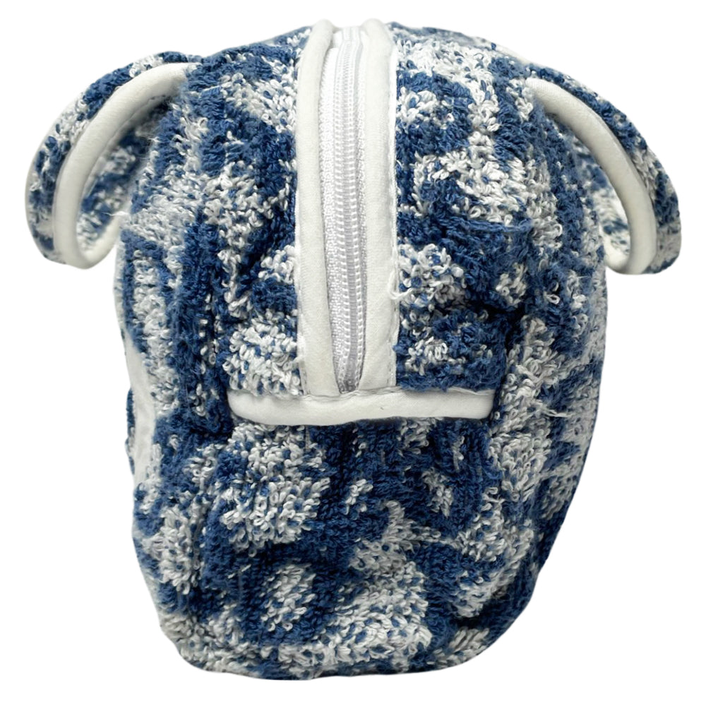 Christian Dior navy monogram terry towel mini boston bag circa 2005 with No. 2 white appliqué in front, white piping on handles and zipper. Waterproof vinyl interior with 2 slip pockets Zipper closure with white textile ribbon zipper pull.