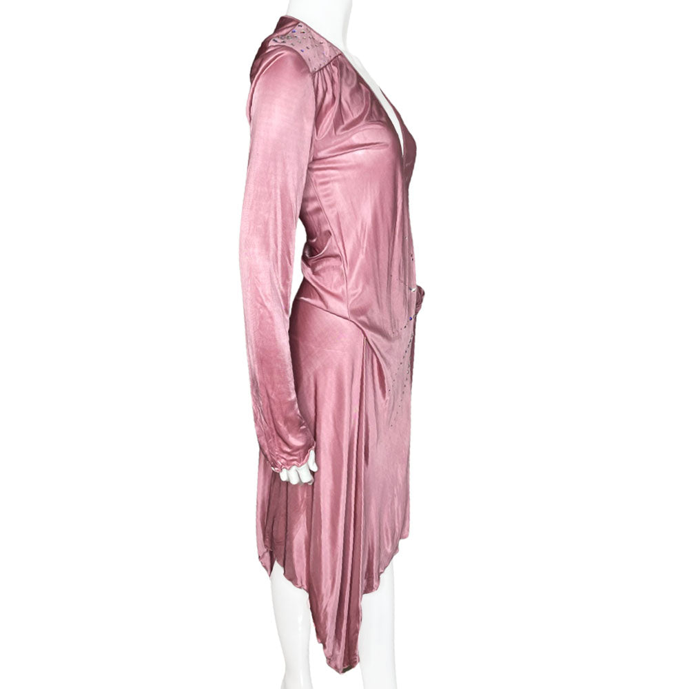 Emmanuel Ungaro Fuchsia line, circa 2004 draped long sleeved V neck tie wrap satin dress with rainbow Swarovski crystal panels at shoulders and through the side body, uneven hemline. Made in Italy
