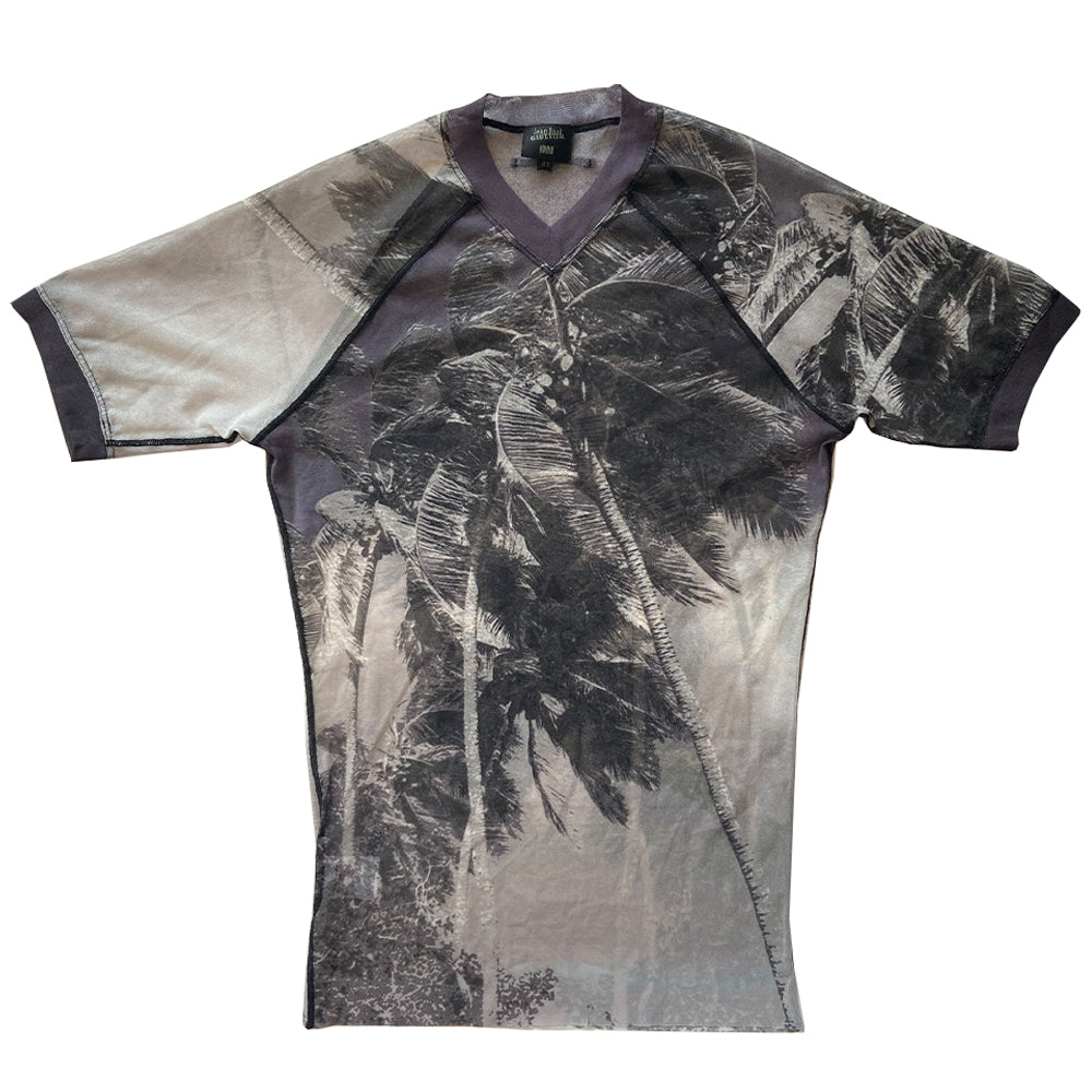 Jean Paul Gaultier short sleeve tee by Jean Paul Gaultier Homme, circa 1990’s V neck short sleeved tee with black and white printed palm trees in front and back Black banded neckline and sleeves. Made in Japan