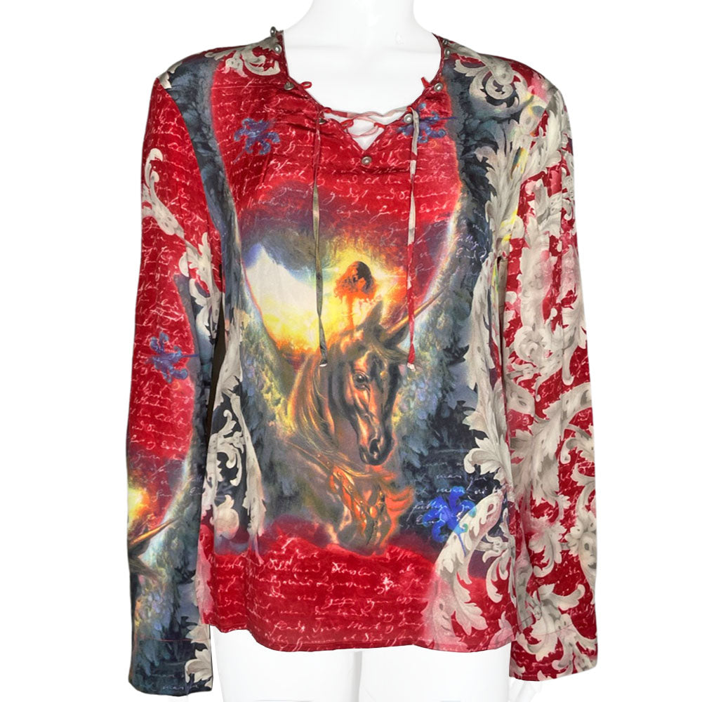 90's cult London label, Voyage long sleeve 100% silk unicorn print shirt featuring all over script print on arms and bell sleeves. Crossed lacing at front neckline, decorated with Swarovski embellished buttons around the collar.