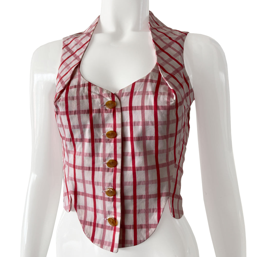 Vivienne Westwood 100% cotton sleeveless corset style check button up vest by Vivienne Westwood Red Label from 1991. Pink and white check scooped neck sleeveless short waisted top or vest with scalloped style hemline, angled front seams and pin tucking that accentuates bust line. Orb logo buttons front closure.