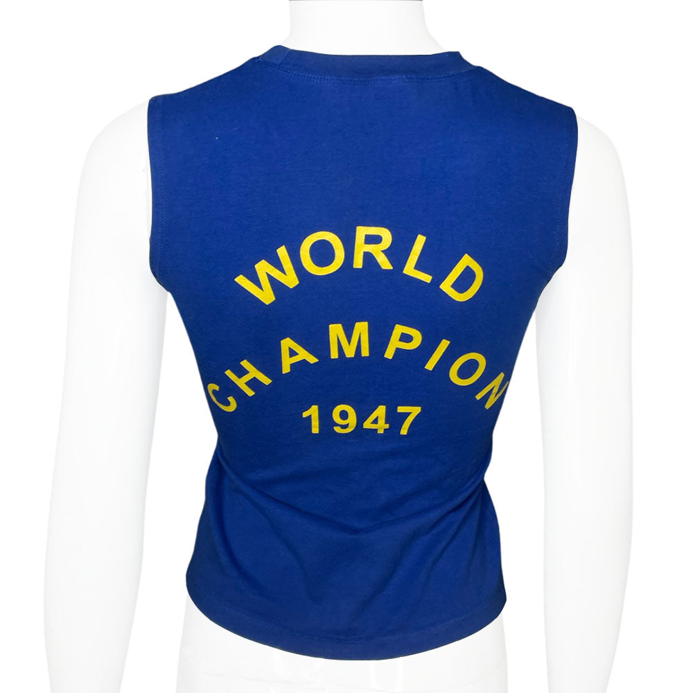 John Galliano for Christian Dior, Winter 2001 sleeveless royal blue crew neck tank with yellow J’Adore Dior printed in fron land World Champion 1947 on back. Made in Italy