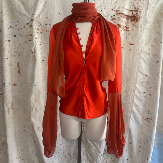 2006 RED/ORANGE ROBERTO CAVALLI SILK PUFF SLEEVE BUTTON DOWN TIE TOP