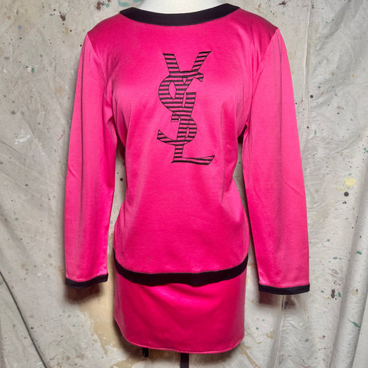 1980s YVES SAINT LAURENT PINK LOGO EMBROIDERED TWO PIECE SKIRT SET