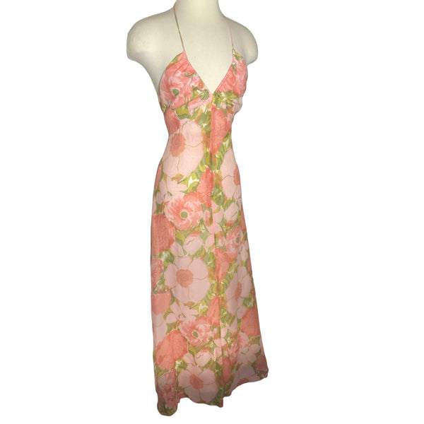 1970s Arjon California Pink floral halter maxi dress