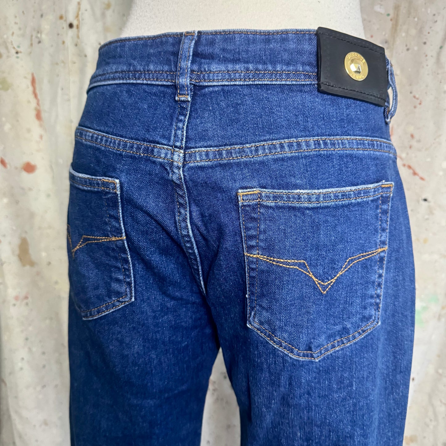 2000s VERSACE JEANS GOLD SIDE STUDDED BLUE JEANS