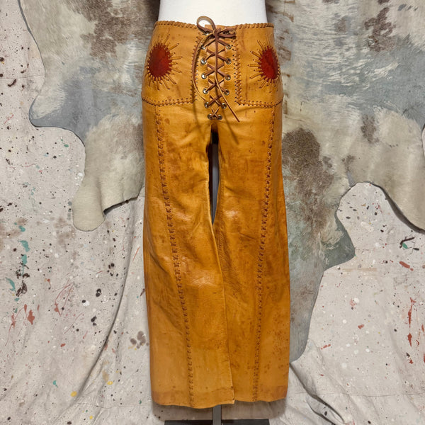 70s CHAR LEATHER WHIPSTITCH BELLBOTTOM LACE FRONT SUN PANTS