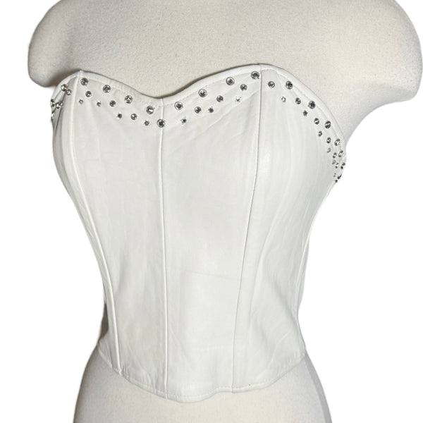 1980s WHITE LEATHER CRYSTAL STUDDED BUSTIER TOP