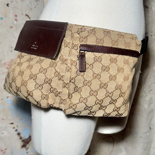 GUCCI BROWN GG MONOGRAM DOUBLE POCKET CANVAS BELT BAG
