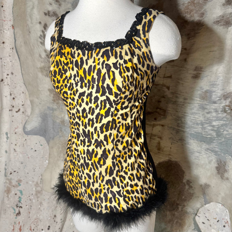 50s LEOPARD FEATHER DANCE COSTUME BODYSUIT