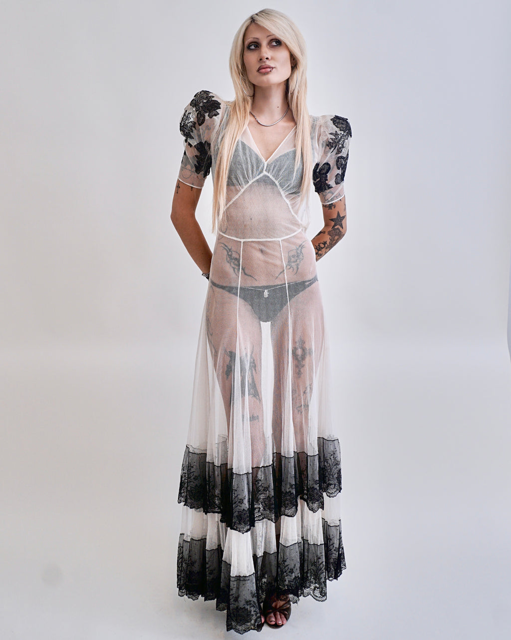 1930s sheer bias cut mesh ruffle hem dress