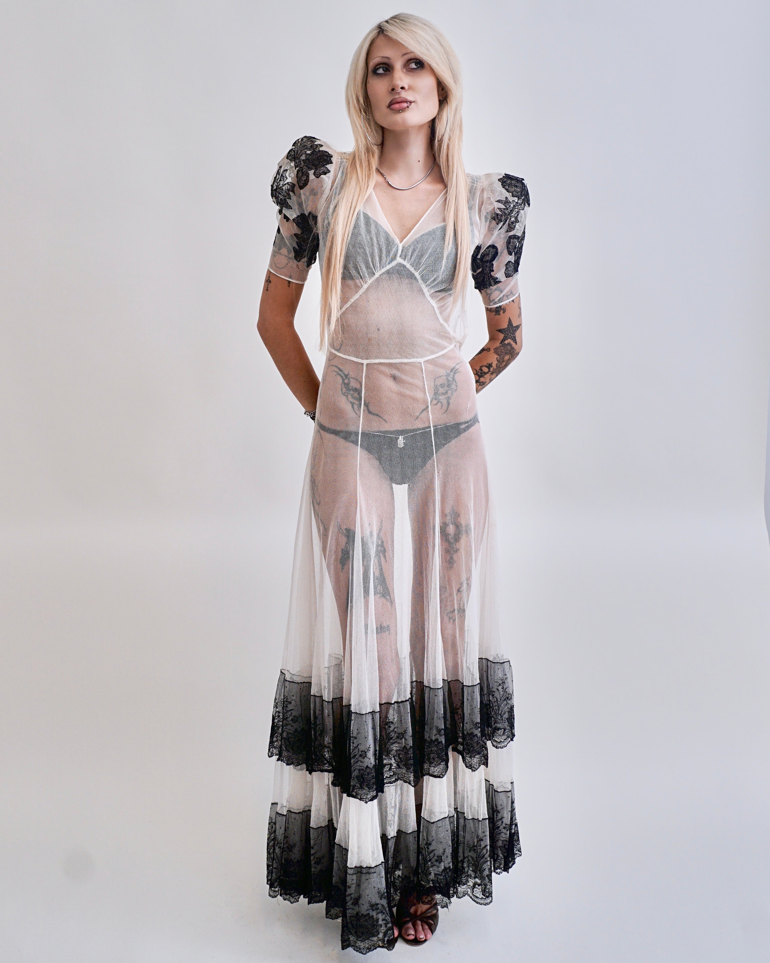 1930s sheer bias cut mesh ruffle hem dress