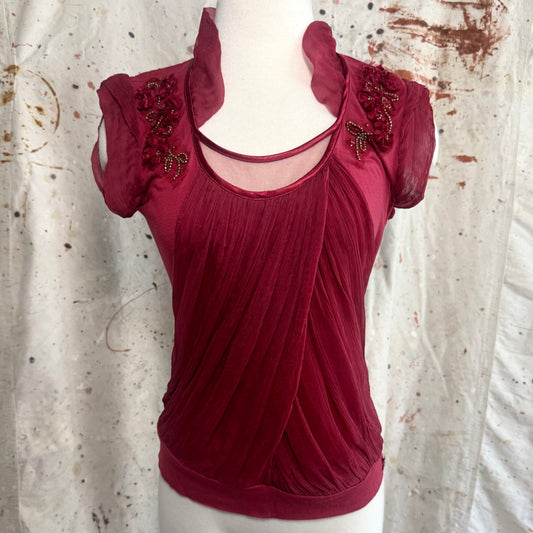2000s JOHN GALLIANO BURGUNDY MESH TULLE BEADED FLOWER CREPE SILK TOP