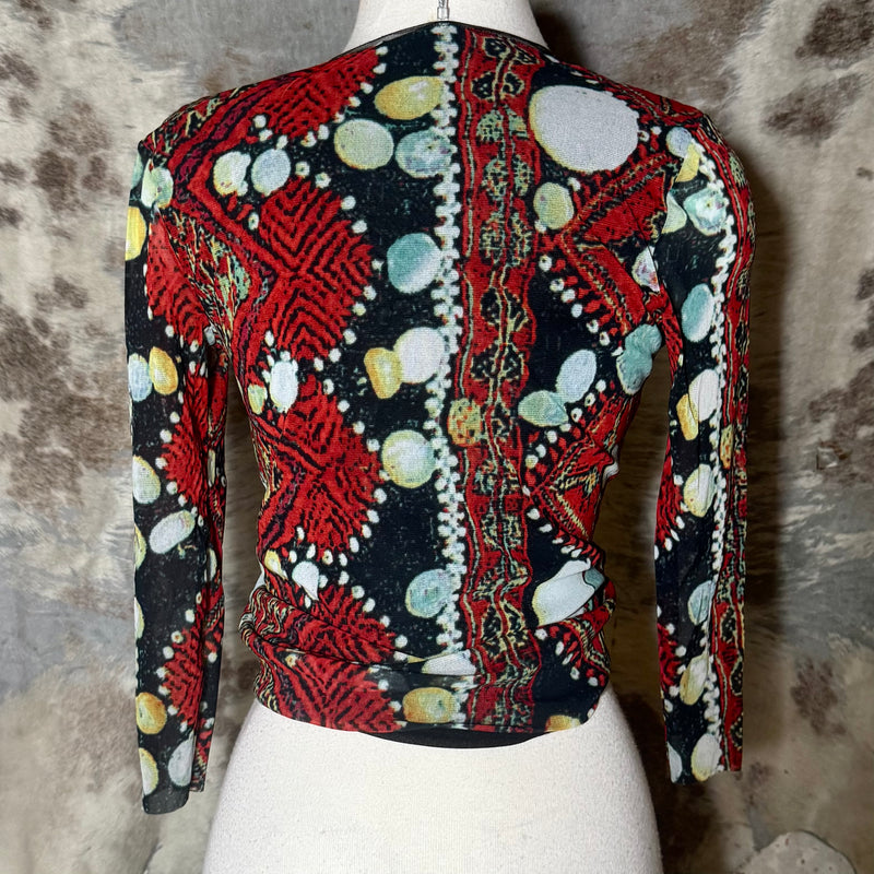 90s VIVIENNE TAM MESH 3/4 SLEEVE POLKA DOT PRINT TIE TOP