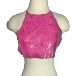 90s HOT PINK LEATHER SNAKE PRINTED HALTER CROP TOP