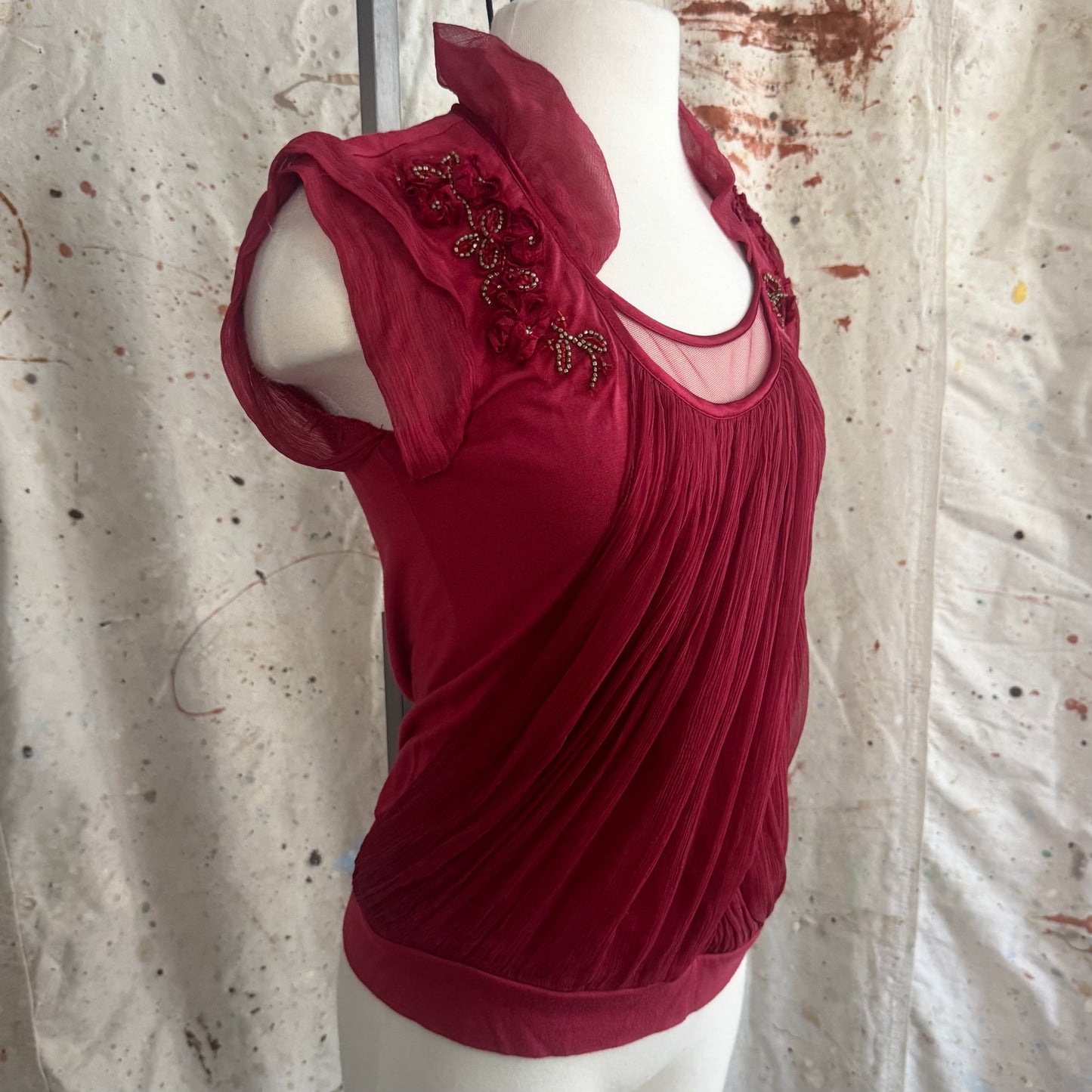 2000s JOHN GALLIANO BURGUNDY MESH TULLE BEADED FLOWER CREPE SILK TOP