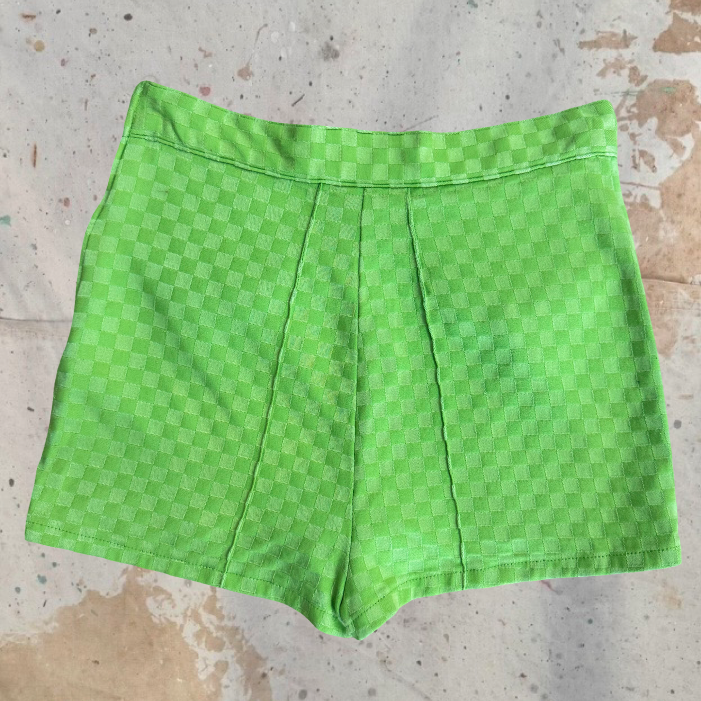 1990s VERSACE LIME GREEN CHECKERBOARD MEDUSA ZIP HIGH WAISTED HOT SHORTS