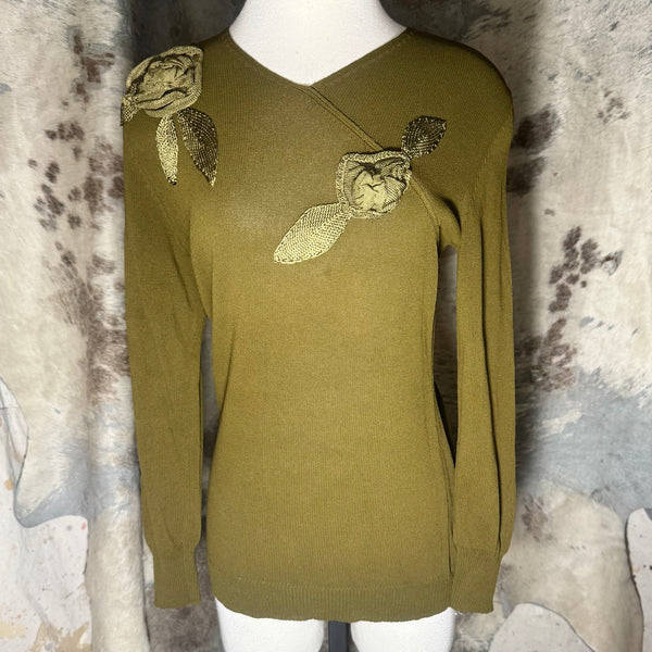 90s JIL SANDER OLIVE FLOWER APLIQUE KNIT OLIVE SWEATER